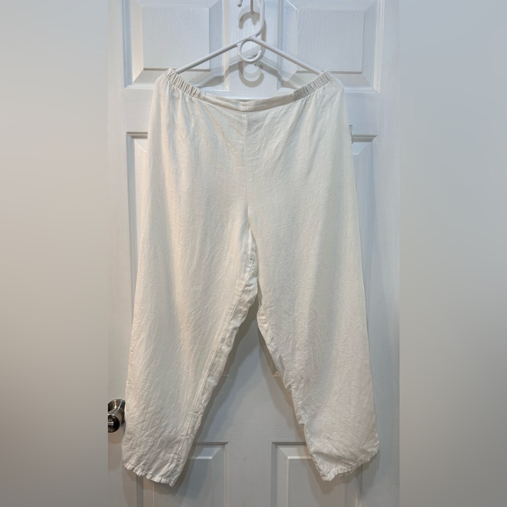 Flax Cropped Elastic-Waist Linen Pants in Off-White
